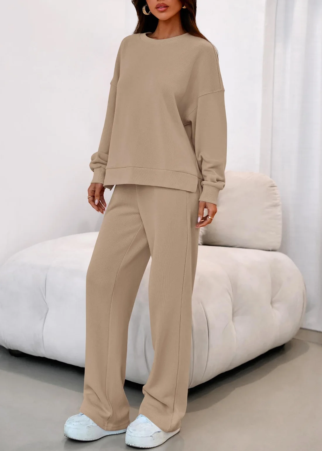 KIRUNDO Wide Leg Sweatsuit Set in Khaki, view 5