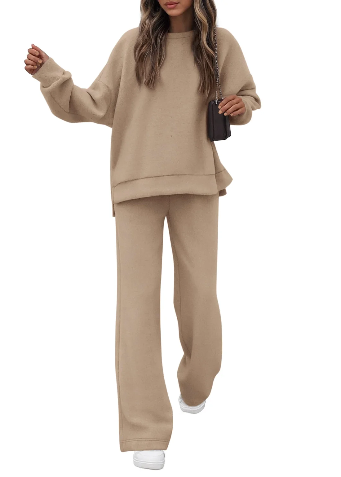 KIRUNDO Wide Leg Sweatsuit Set in Khaki