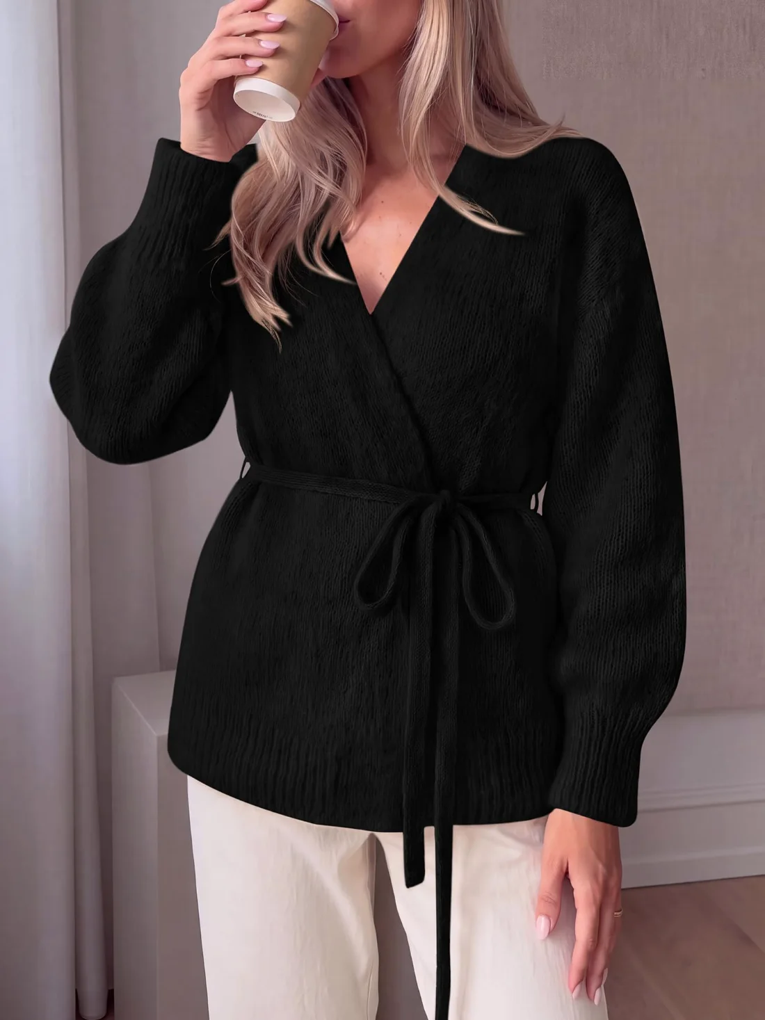KIRUNDO Wrap V-Neck Cardigan in Black, view 3