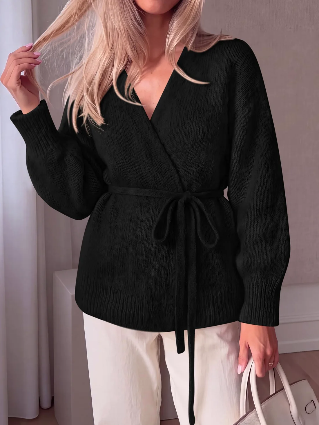 KIRUNDO Wrap V-Neck Cardigan in Black, view 4