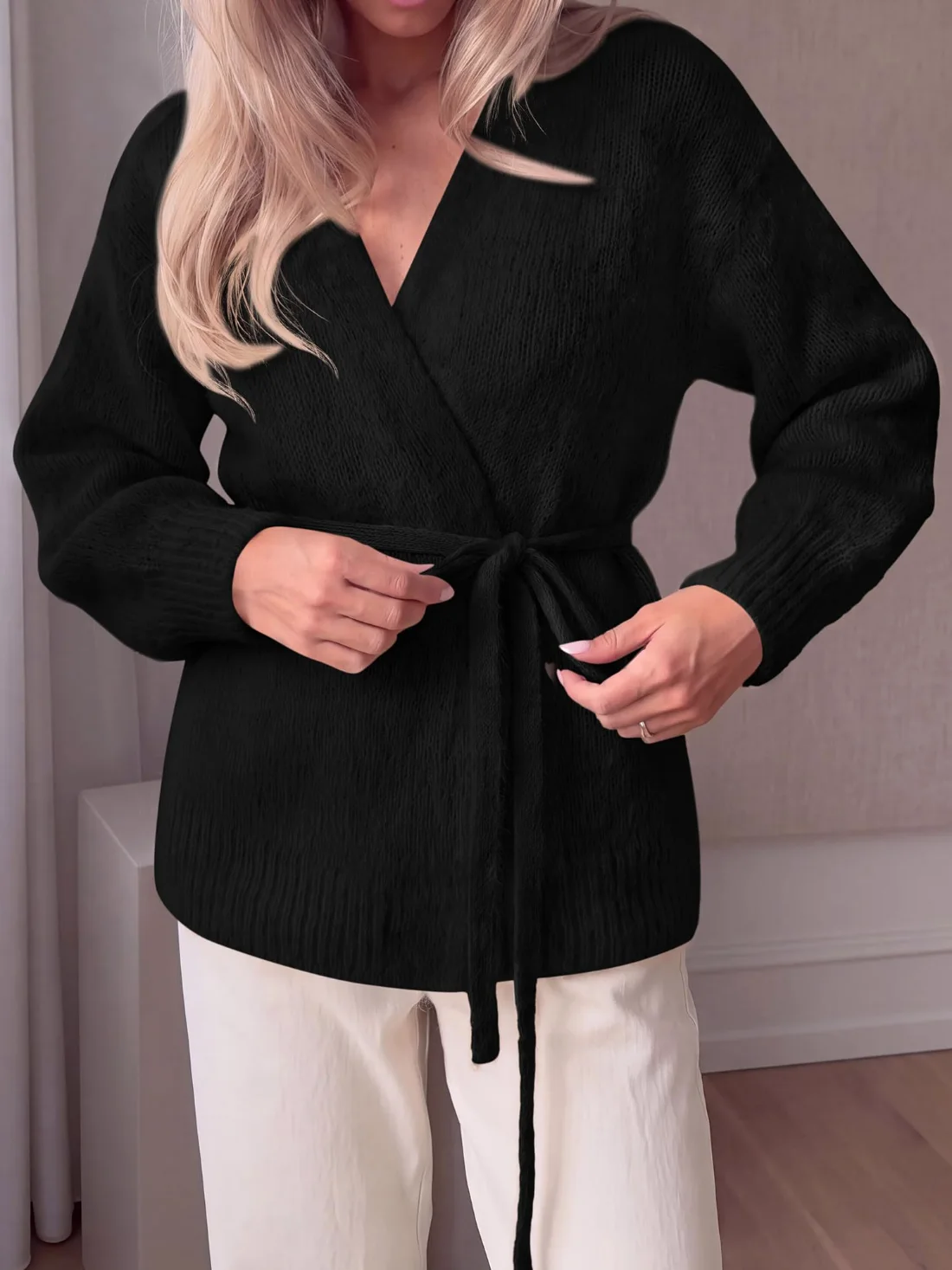 KIRUNDO Wrap V-Neck Cardigan in Black, view 5