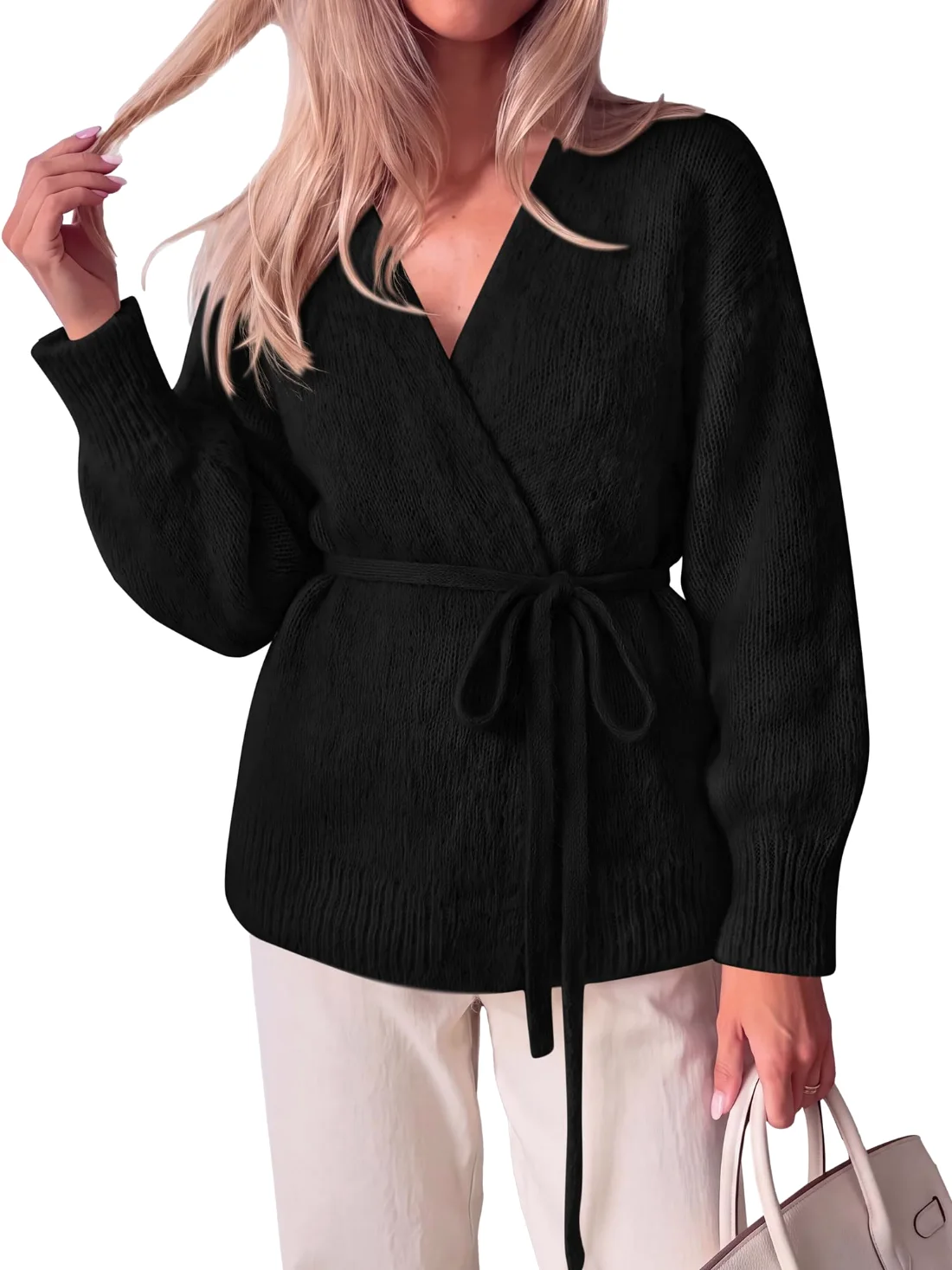 KIRUNDO Wrap V-Neck Cardigan in Black