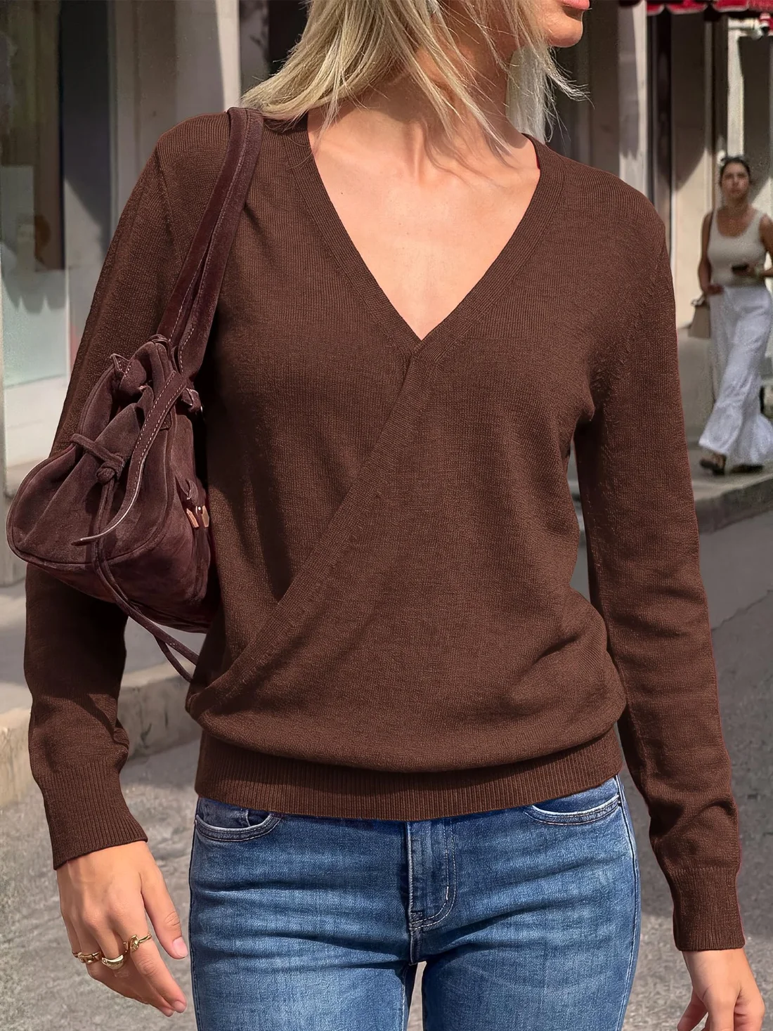 KIRUNDO Wrap V-Neck Long Sleeve Sweater in Brown, view 4