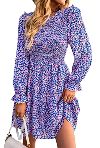 KIRUNDO Smocked Floral Ruffle Mini Dress in Blue