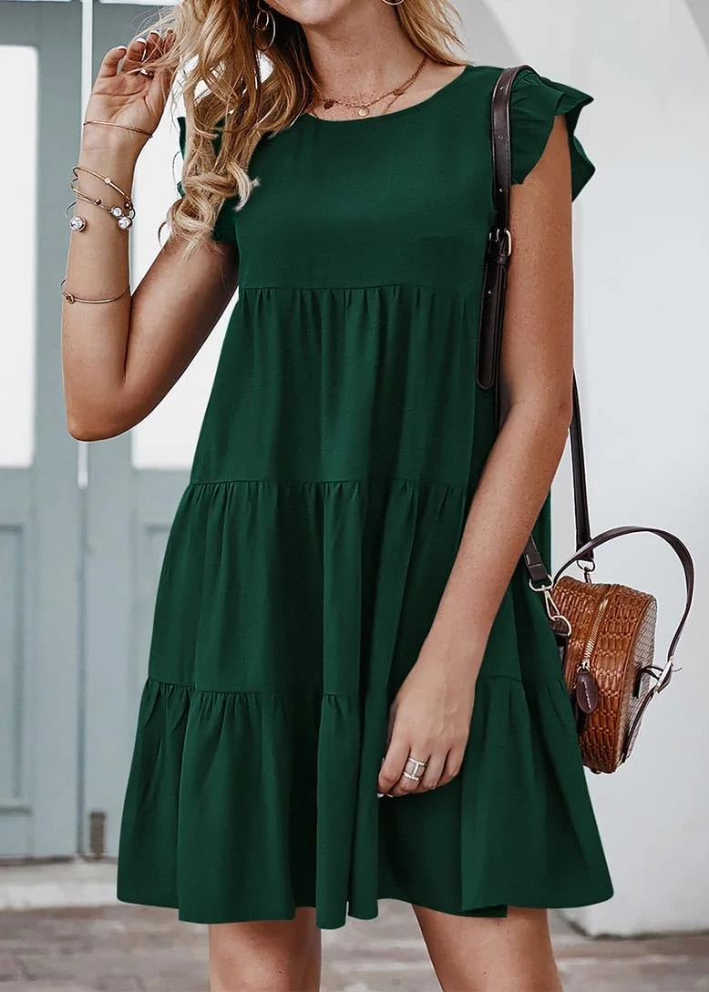 KIRUNDO Tiered Flutter Sleeve Babydoll Dress in Dark Green, view 3