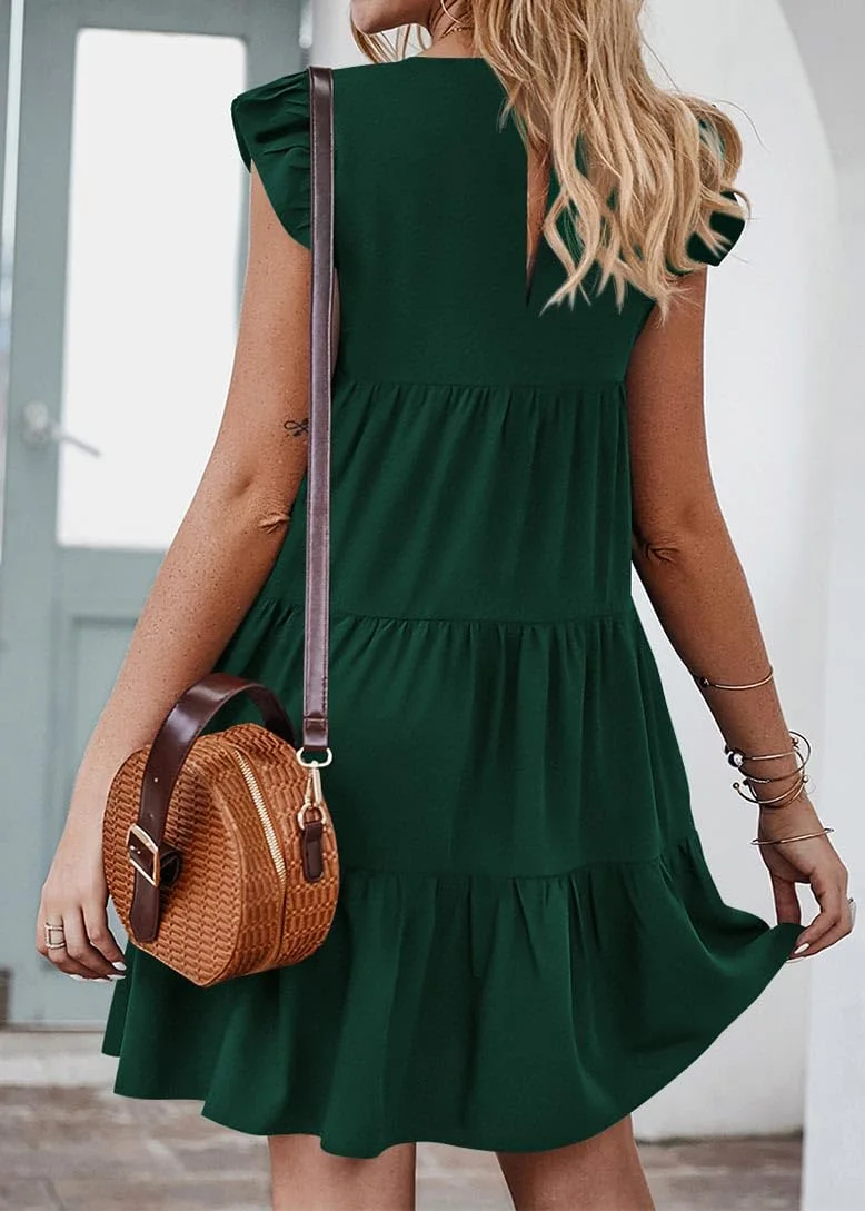 KIRUNDO Tiered Flutter Sleeve Babydoll Dress in Dark Green, view 4