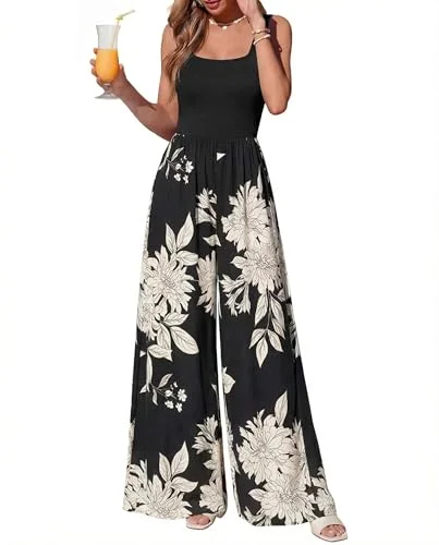 KIRUNDO Printed Wide Leg Tank Jumpsuit in Black White Flower