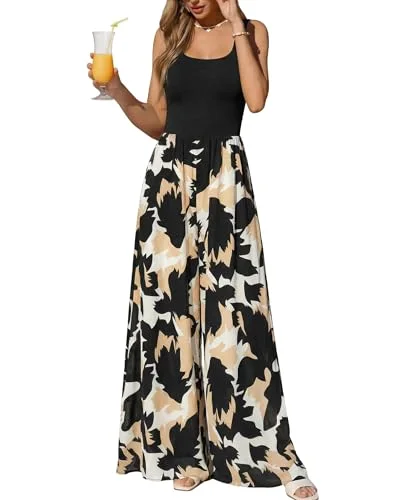 KIRUNDO Printed Wide Leg Tank Jumpsuit in Black