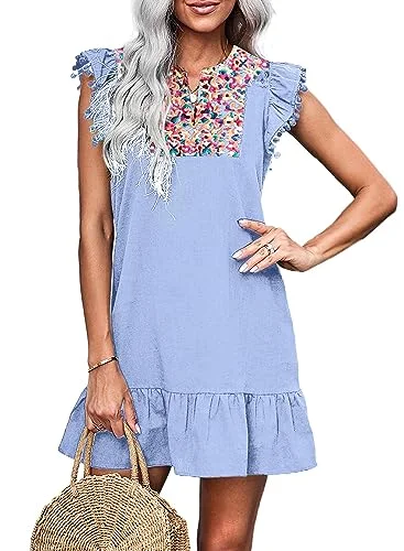 KIRUNDO Embroidered Boho Mini Dress in Blue