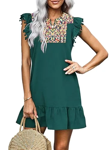 KIRUNDO Embroidered Boho Mini Dress in Dark Green