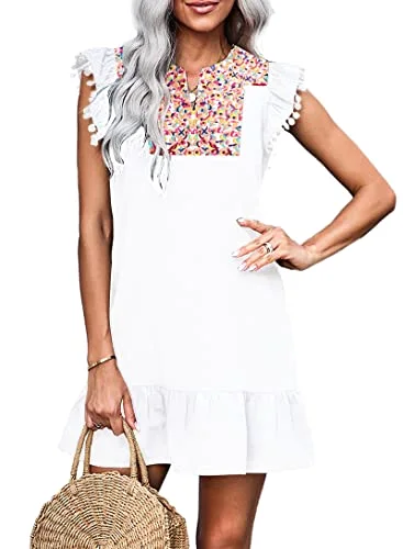 KIRUNDO Embroidered Boho Mini Dress in White
